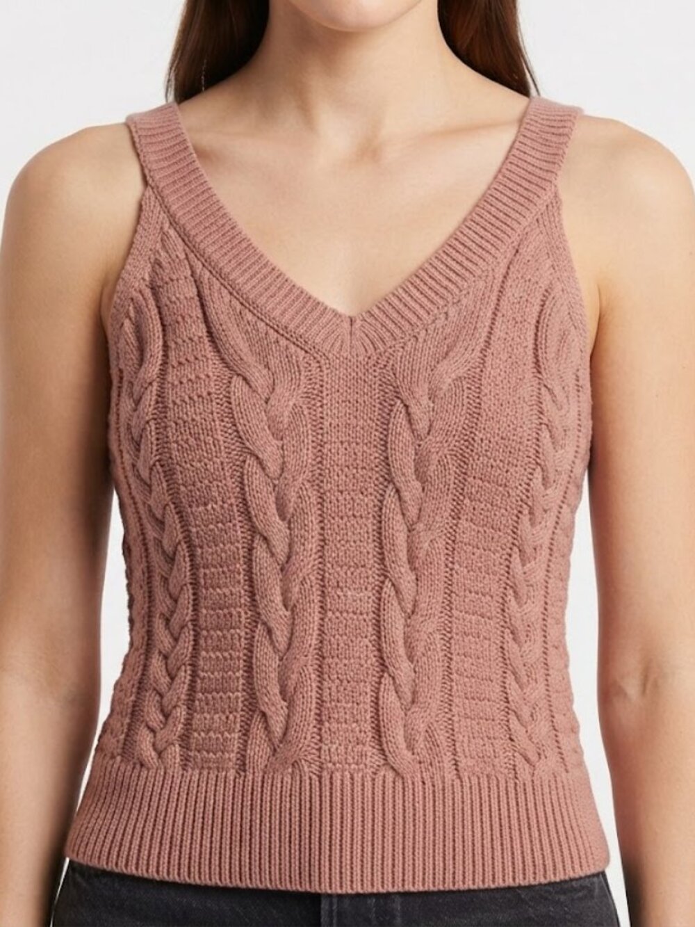 Dusty Rose Cable Knit V-Neck Tank Top